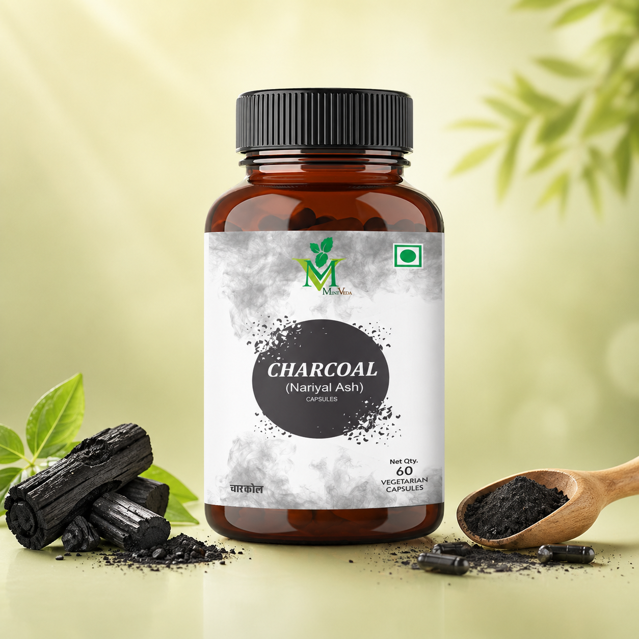 Charcoal Mint Veda Activated Charcoal Veg, 500mg 60 Veg Capsules - Image 1